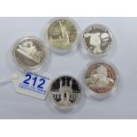 5 X USA SILVER ONE DOLLAR PROOF COINS, 1983 OLYMPIAD, 1984 OLYMPIAD, 1986 ELLIS ISLAND, 1990