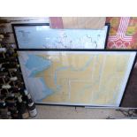 2 X FRAMED & GLAZED MAP / RIVER CHARTS, GERMAN & SPANISH H 96CM X W 89CM - H 74CM X W 120CM