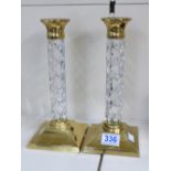 PAIR OF WATERFORD CRYSTAL & BRASS CANDLESTICKS