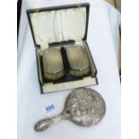 2 X HALLMARKED SILVER HAIR BRUSHES IN BOX + 1 X HALLMARKED SILVER HAND MIRROR