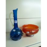 ROYAL BRIERLEY GLASS BOWL 20 CMS DIAMETER + BRISTOL BLUE JUG 31 CMS