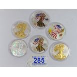 6 X US 1oz FINE SILVER ONE DOLLAR PROOF COLOURED COINS