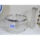 HALLMARKED SILVER RIMMED CUT GLASS BOWL & HALLMARKED SILVER RIMMED CUT GLASS VASE