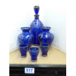 VENETIAN BLUE GLASS DECANTER, VASES & CUPS