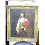 SIGNED OIL ON CANVAS IN ORNATE GILDED FRAME ( YOUNG GIRL WITH FLOWERS ) 74 H X 65 W CMS