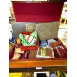 WOODEN BOX & CURIOS INCLUDING GLASS PAPER WEIGHT & VILLEROY & BOCH SNOWMAN