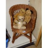 3 VINTAGE TEDDIES & WICKER CHAIR