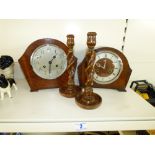 2 X MANTEL CLOCKS INCLUDING SMITHS + PAIR OF WOODE
