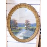 UNSIGNED OIL ON BOARD PAINTING OF A RURAL SCENE IN A GILDED OVAL FRAME H 59cm x W 50cm