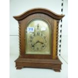 GERMAN EMBEE WOODEN CASED MANTEL CLOCK WITH BARLEY TWIST DECORATION 34 CMS