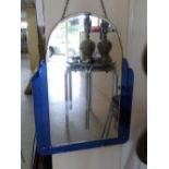 ART DECO MIRROR WITH BLUE GLASS DECORATION H 70CM X W 52CM