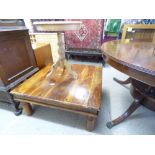 STAINED PINE COFFEE TABLE AND PEDESTAL PINE WINE TABLE