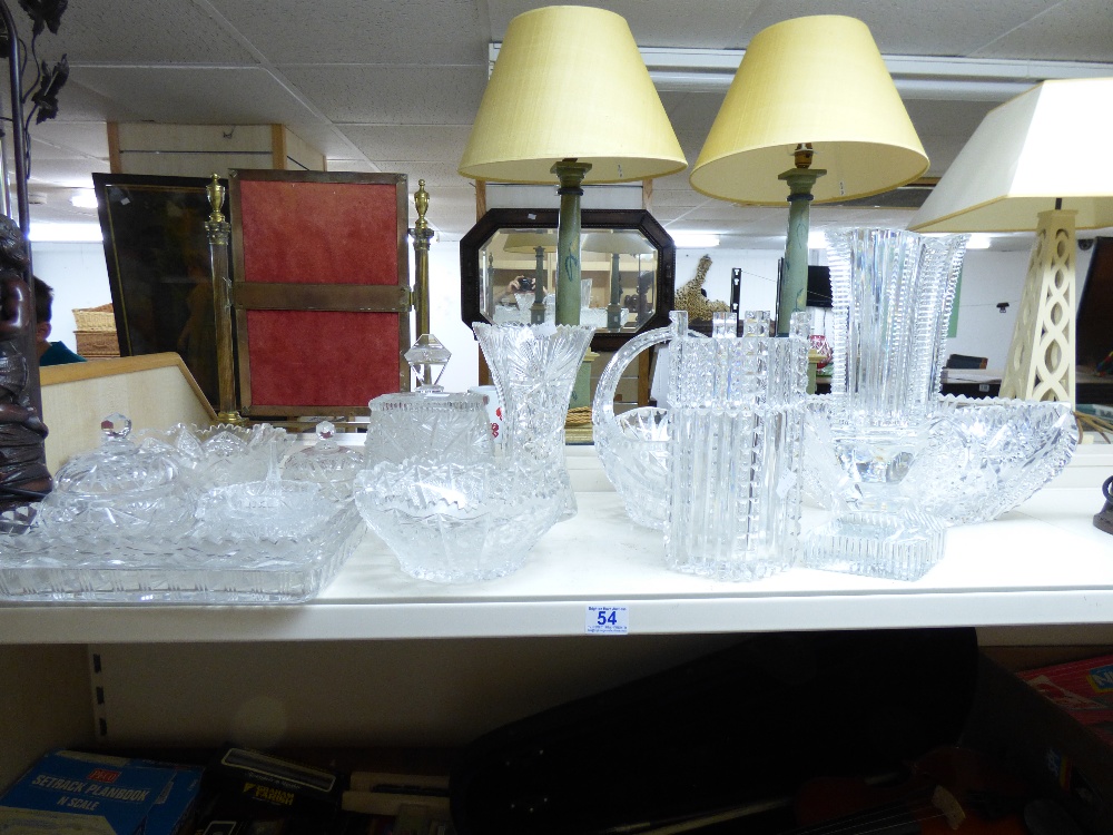 LARGE QUANTITY OF CUT GLASS ITEMS INCLUDING BASKET & VASES