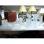 LARGE QUANTITY OF CUT GLASS ITEMS INCLUDING BASKET & VASES