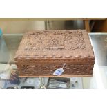 CARVED ASIAN HARDWOOD JEWELLERY BOX WITH KEY