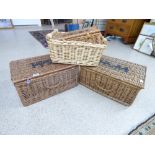 3 WICKER HAMPERS + WICKER BASKET