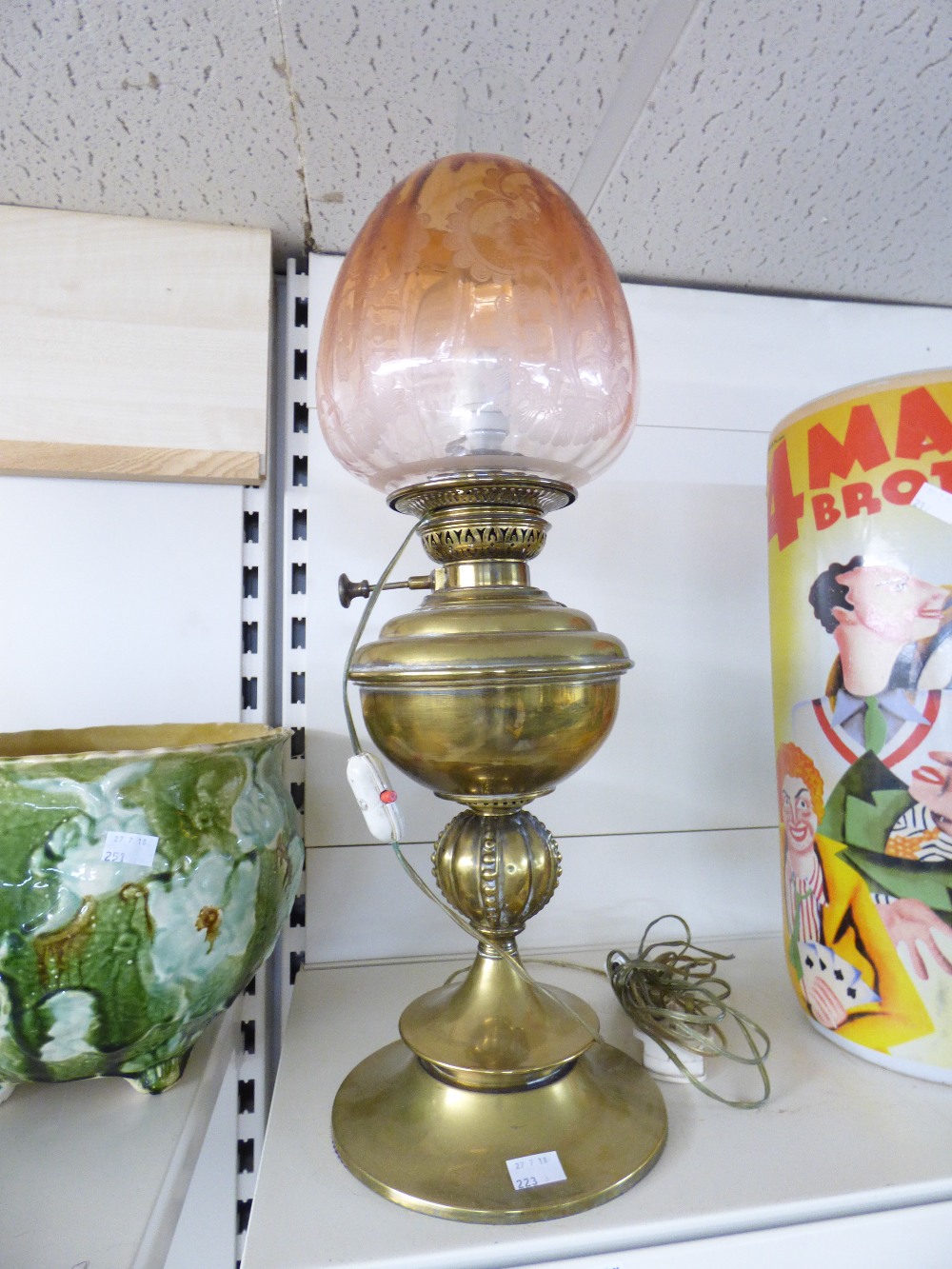 BRASS OIL LAMP WITH GLASS SHADE CONVERTED TO ELECTRIC