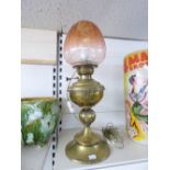 BRASS OIL LAMP WITH GLASS SHADE CONVERTED TO ELECTRIC