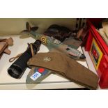 BRITISH MILITARY HAT WITH EAST SURREY BADGE, MONOCULAR, PAXETTE CAMERA & CASE + MODEL AIRPLANE