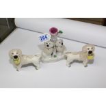 PAIR OF STAFFORDSHIRE POODLES + SIMILAR SPILL VASE