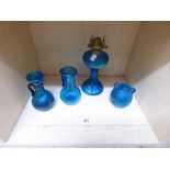 COLLECTION OF TURQUOISE GLASS ITEMS INCLUDING OIL LAMP BASE