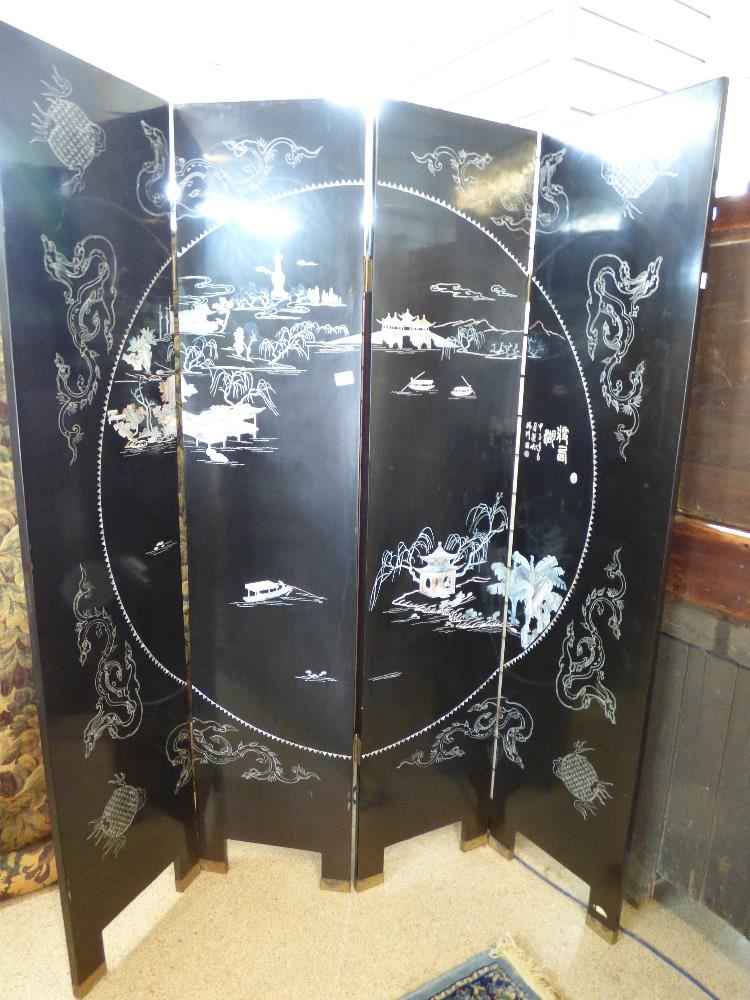 3 FOLD ORIENTAL SCREEN WITH MOTHER OF PEARL DECORATION
