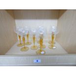 9 X ETCHED AMBER GLASS STEMMED GLASSES