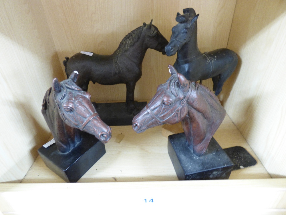 PAIR OF HORSE HEAD BOOK ENDS & 2 X HORSE FIGURES