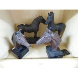 PAIR OF HORSE HEAD BOOK ENDS & 2 X HORSE FIGURES