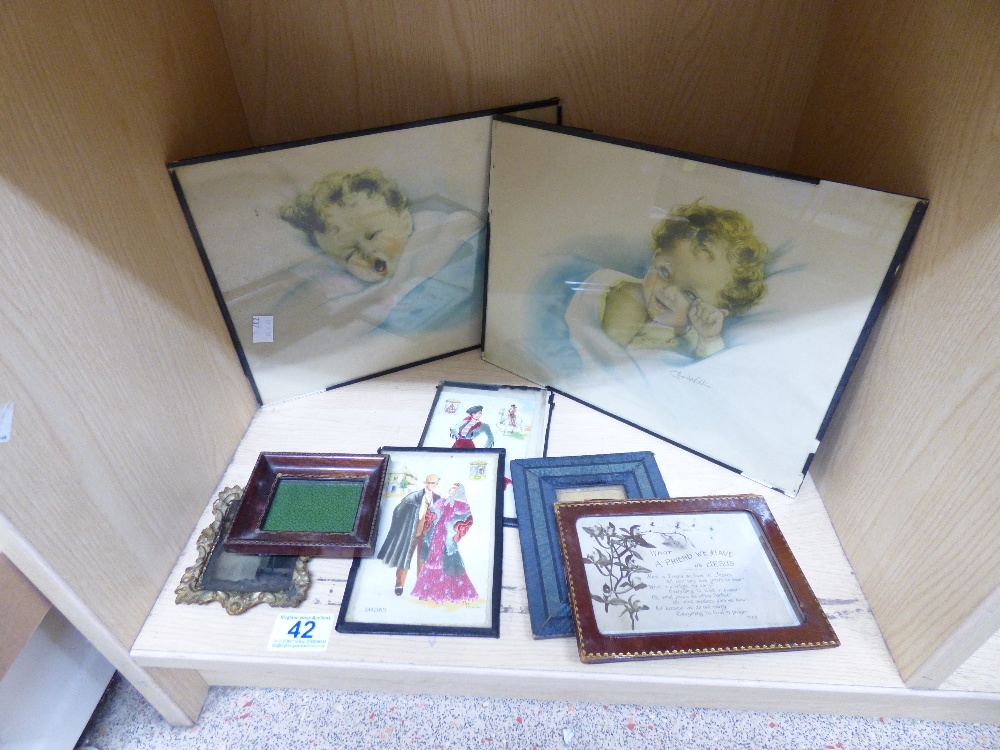 2 X FRAMED & GLAZED CHAZ WILLIAMS BABY PRINTS, VICTORIAN PHOTOTGRAPHS & POSTCARD + OTHERS