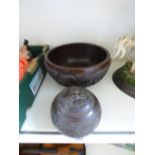 AFRICAN STYLE CARVED WOODEN BOWL & LIDDED POT