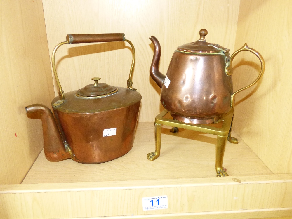 COPPER & BRASS KETTLE, TEA POT & TRIVET