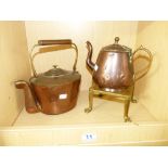 COPPER & BRASS KETTLE, TEA POT & TRIVET