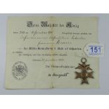 WWI BAVARIAN MILITARY MERIT CROSS 2nd CLASS + AN ACCOMPANYING CERTIFICATE DATED 30-1-1918