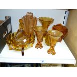 COLLECTION OF AMBER ART DECO GLASS ITEMS INCLUDING VASES & LIDDED POT