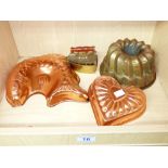 3 X VINTAGE COPPER JELLY MOULDS + 1 X OTHER