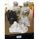 3 X BUDDHA FIGURES & 2 ORIENTAL VASES