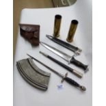 2 X REPLICA WW11 NAZI DAGGERS, LEATHER HOLSTER, 2 X 1935 BRASS SHELL CASES + MACHINE GUN MAGAZINE