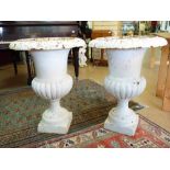 PAIR OF CAST IRON CAMPANA GARDEN URNS 77 CMS HIGH