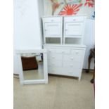 MATCHING WHITE FRAMED MIRROR, MULTI DRAWER CHEST+ 2 SIDE CABINETS