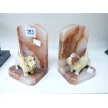 PAIR OF 1920s MARBLE BOOKENDS WITH COLD PAINTED SPELTER TERRIERS