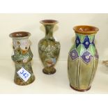 3 ROYAL DOULTON GLAZED STONEWARE VASES, 1 WITH MOTTO