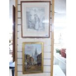 SIGNED OIL ON CANVAS + PENCIL & WATERCOLOUR OF A VICTORIAN STREET SCENE 50 X 40 CMS