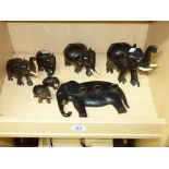 COLLECTION OF EBONY ELEPHANT FIGURES & WALL PLAQUE