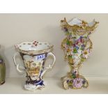 19th CENTURY STAFFORDSHIRE FLORAL ENCRUSTED VASE & SIMILAR VASE WITH PAINTED LANDSCAPE