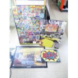 3 X CONTEMPORY FRAMED PRINTS + FRAMED BEATLES RELATED JIGSAW PUZZLE, LARGEST 63 X 90 CMS