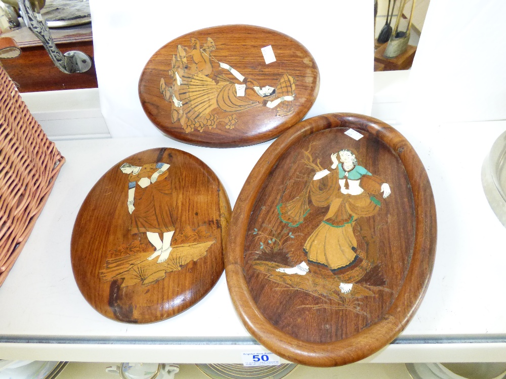 3 X INDIAN INLAID ROSEWOOD OVAL PLAQUES