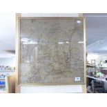 FRAMED & GLAZED EMBROIDERED MAP OF ENGLAND & WALES DATED 1789, 52 X 52 CMS