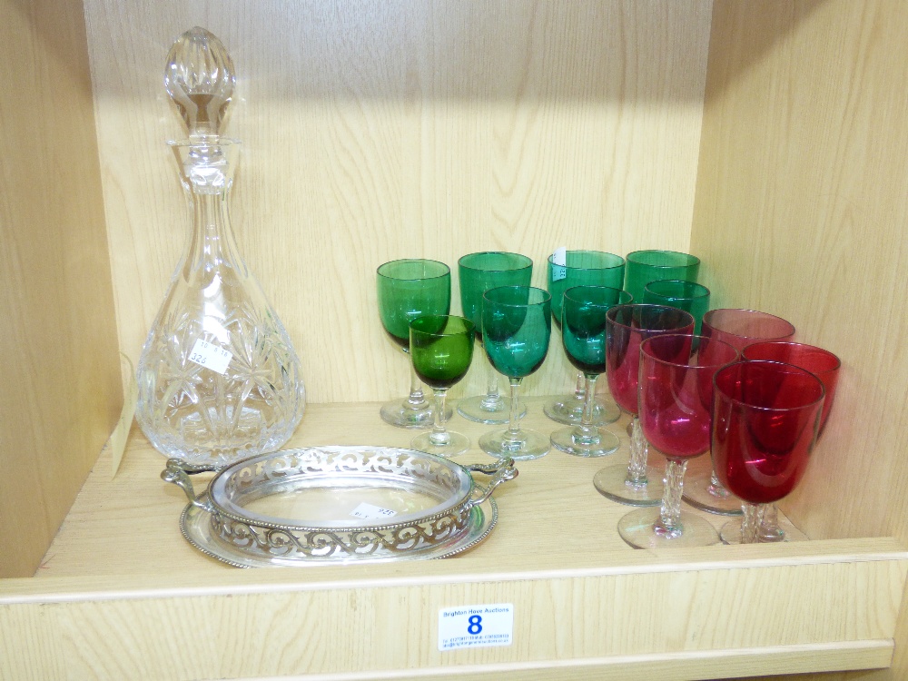 ATLANTIS CUT GLASS DECANTER, QUANTITY OF COLOURED LIQUOR GLASSES & PLATED BON BON TRAY