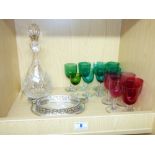 ATLANTIS CUT GLASS DECANTER, QUANTITY OF COLOURED LIQUOR GLASSES & PLATED BON BON TRAY